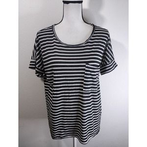 3/$15 Umgee Black White Striped Slub Cotton Oversize Roll Sleeve Pocket Tee S